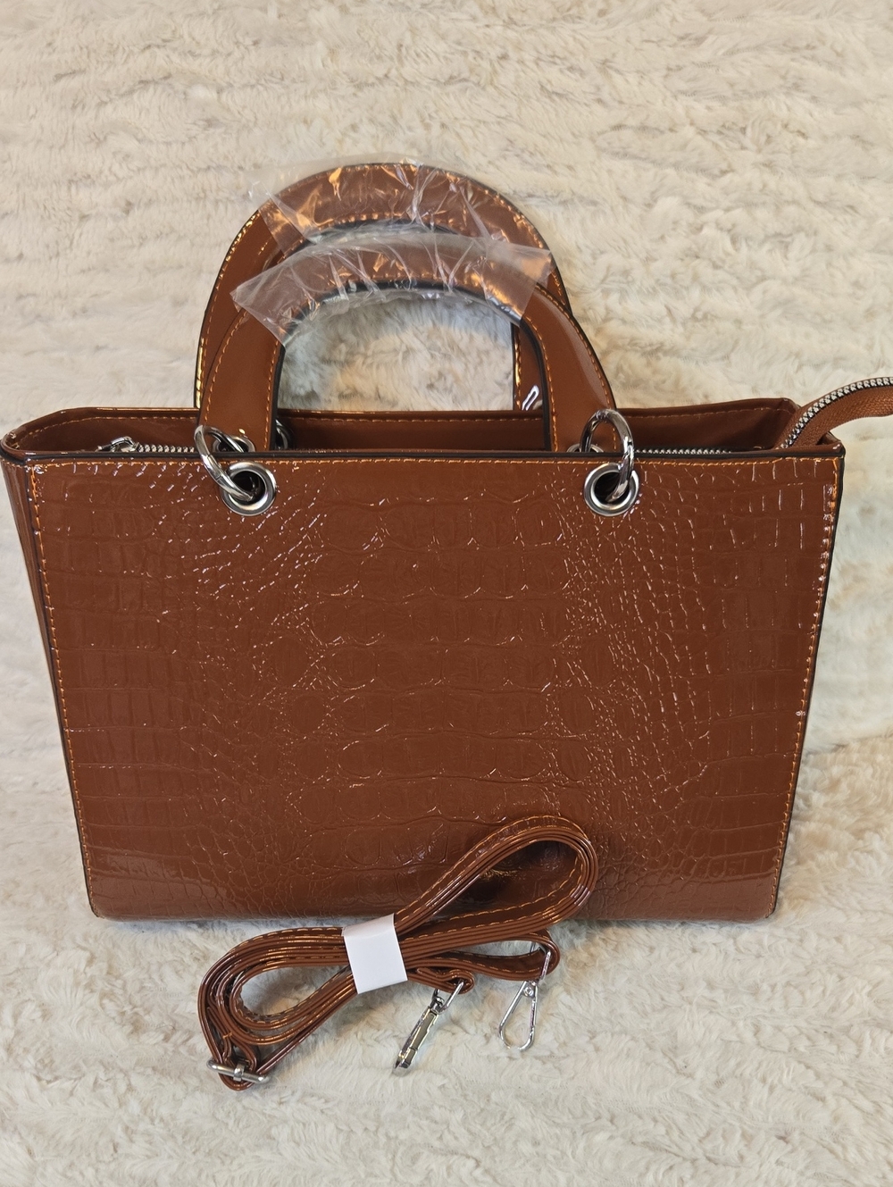 Croc-Texture Brown Top-Handle Tote Bag With Strap